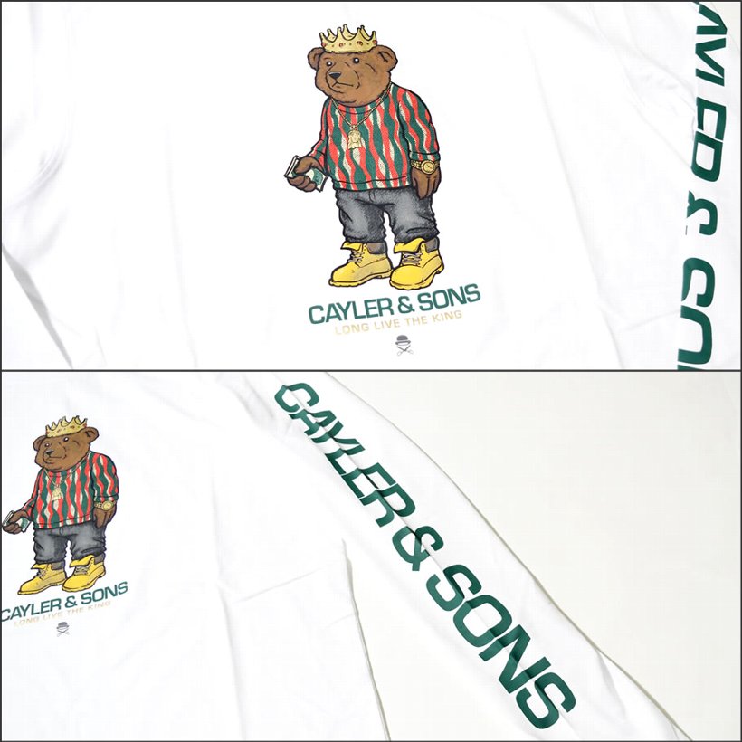 Cayler&Sons Tシャツ メンズ 長袖 春 ブランド ロンT 熊 ノトーリアス・B.I.G プリント 白 大きいサイズ