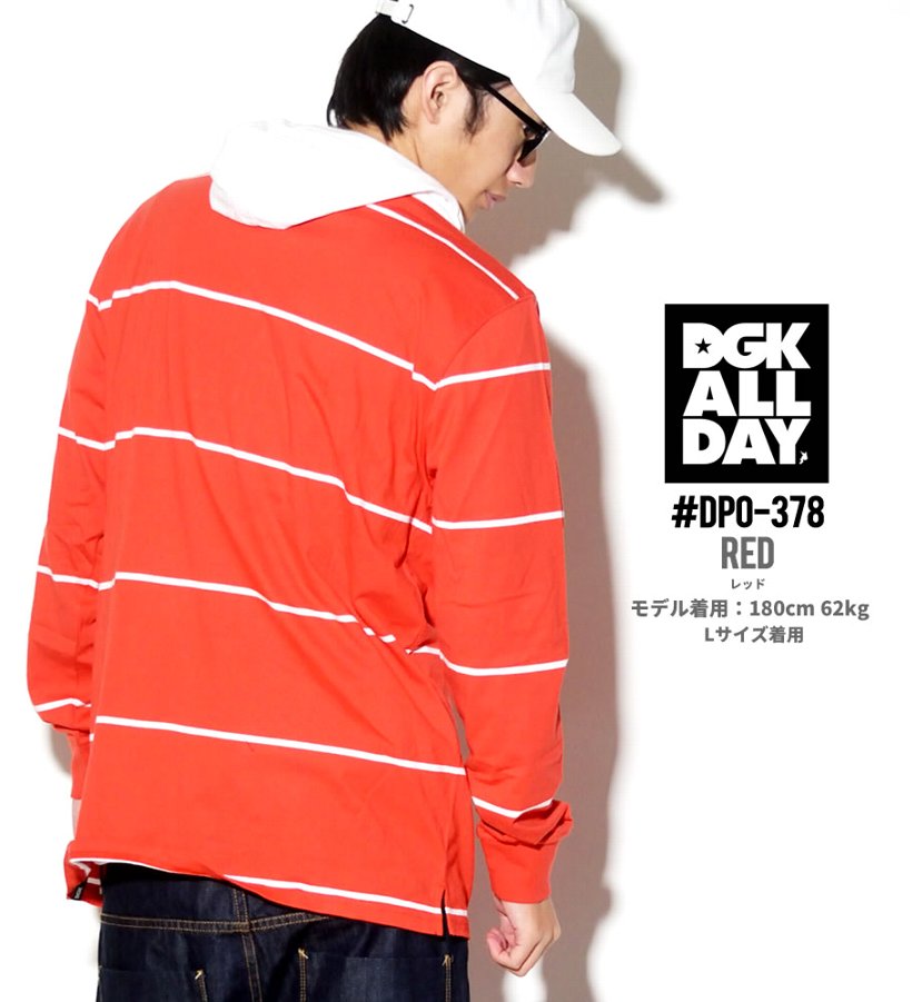 DGK ポロシャツ メンズ 長袖 ラガーシャツ おしゃれ ブランド ボーダー フード付き 大きいサイズ 赤