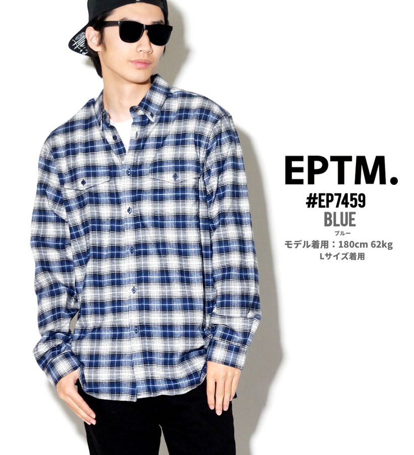 EPTM ネルシャツ メンズ 春 長袖 ボタンダウン チェック柄 青