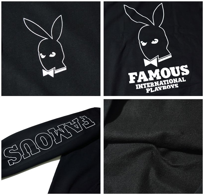 フェイマス パーカー 春 メンズ プルオーバー ブランド かっこいい プレイボーイ プリント 裏起毛 大きいサイズ FAMOUS 黒
