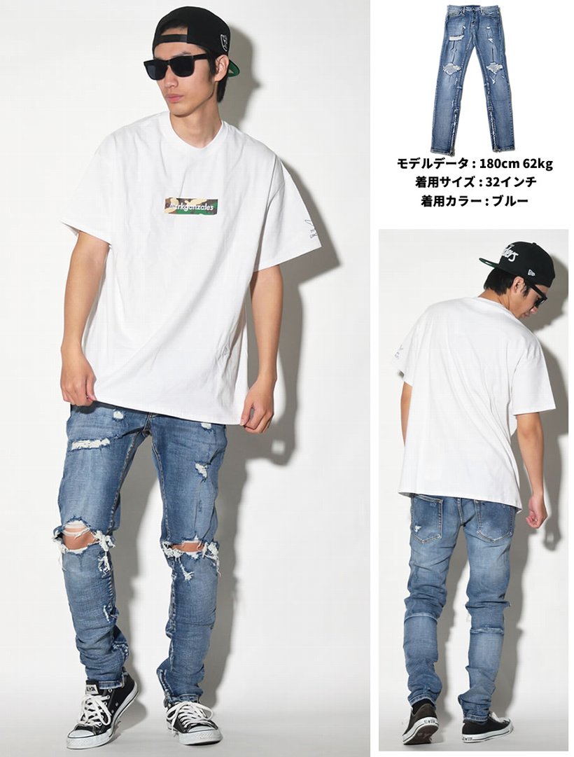 mnml デニム ダメージ ジーンズ スキニー スリム ミニマル 裾ZIP付き モード ストリート