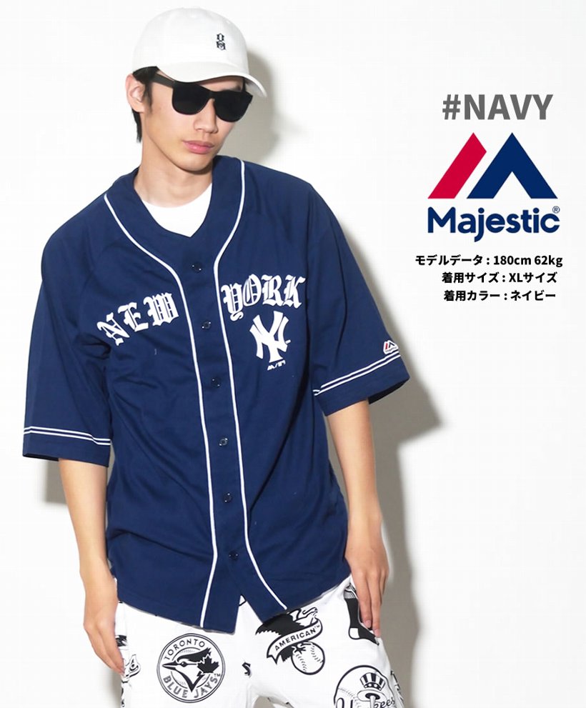 Majestic マジェスティック ベースボールシャツ メンズ 半袖 ブランド スポーツ ヤンキース NY ロゴ プリント