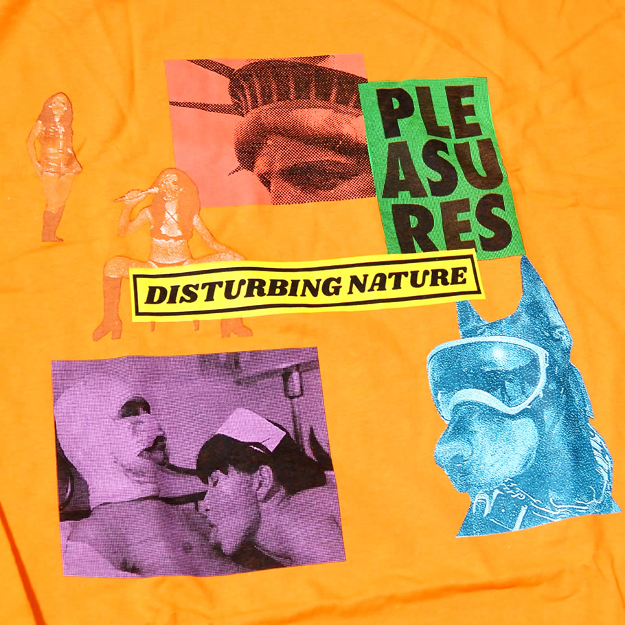 PLEASURES プレジャーズ Tシャツ メンズ 長袖 ロンT プリント DISTURBING LONG SLEEVE 橙 大きいサイズ 2018秋冬 新作
