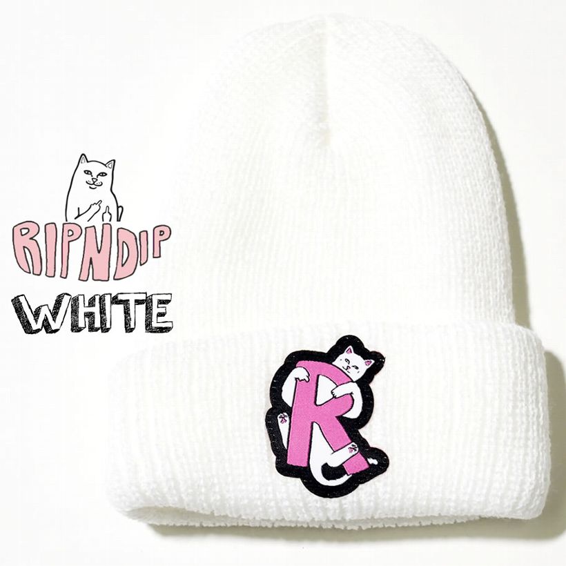 RIPNDIP リップンディップ ニット帽 ニットキャップ R 猫 キャット スケートボード スケーター ストリート ブランド 白 青