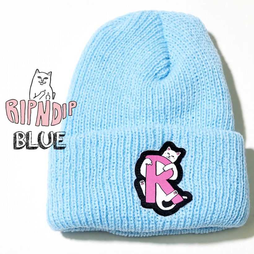 RIPNDIP リップンディップ ニット帽 ニットキャップ R 猫 キャット スケートボード スケーター ストリート ブランド 白 青