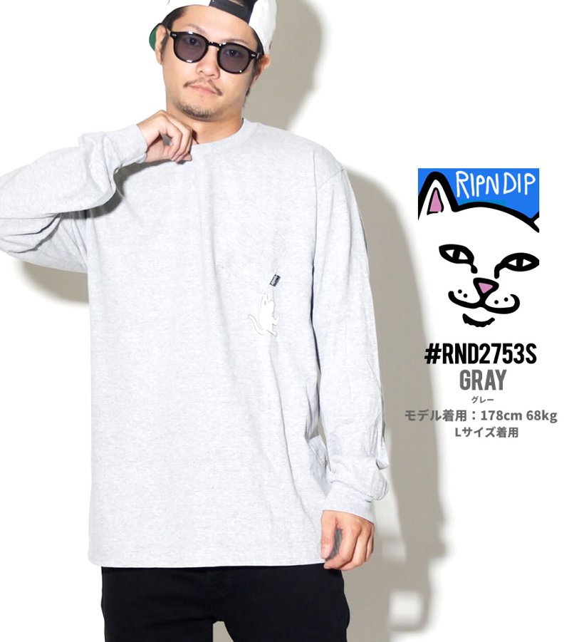 RIPNDIP リップンディップ Tシャツ メンズ 長袖 逆さ胸ポケット ロンT 猫 キャット プリント Hang In There L/S 2018秋冬 新作