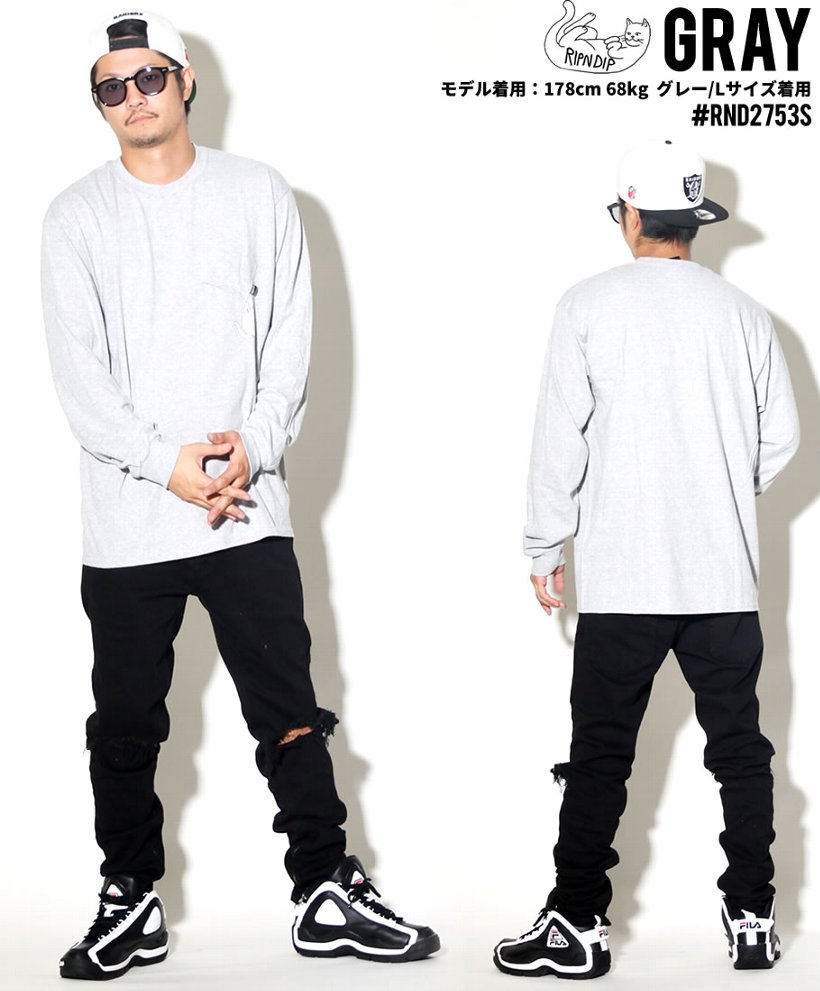 RIPNDIP リップンディップ Tシャツ メンズ 長袖 逆さ胸ポケット ロンT 猫 キャット プリント Hang In There L/S 2018秋冬 新作